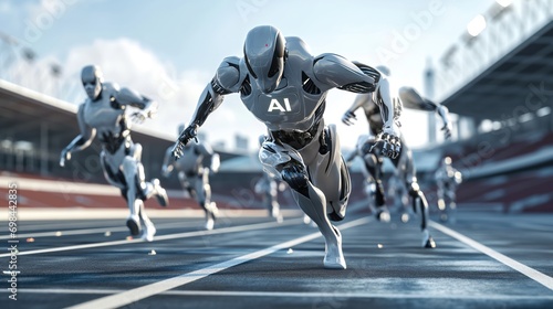 AI robot winning a 100m race against other robots photo