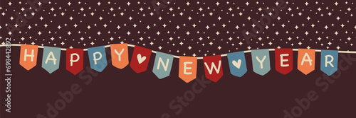Happy New Year - Schriftzug in englischer Sprache - Frohes neues Jahr. Grußbanner mit bunter Wimpelkette und Sternenhimmel.