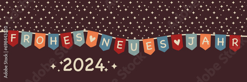 2024 Frohes neues Jahr - Schriftzug in deutscher Sprache. Grußbanner mit bunter Wimpelkette und Sternenhimmel.