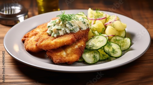 Delicious restaurant menu fried schnitzel served with potato and cucumber salad on a rustic plate.