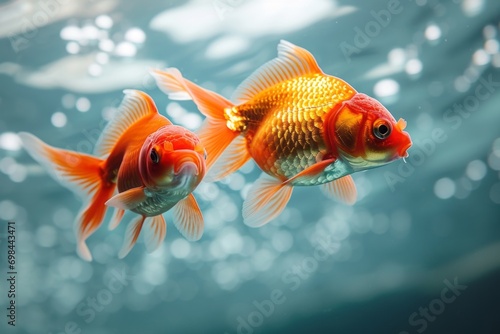ively goldfish pair gracefully swimming in a serene, azure aquatic habitat, creating a captivating freshwater aquarium scene, autofocus, cinematic photography generative ai photo
