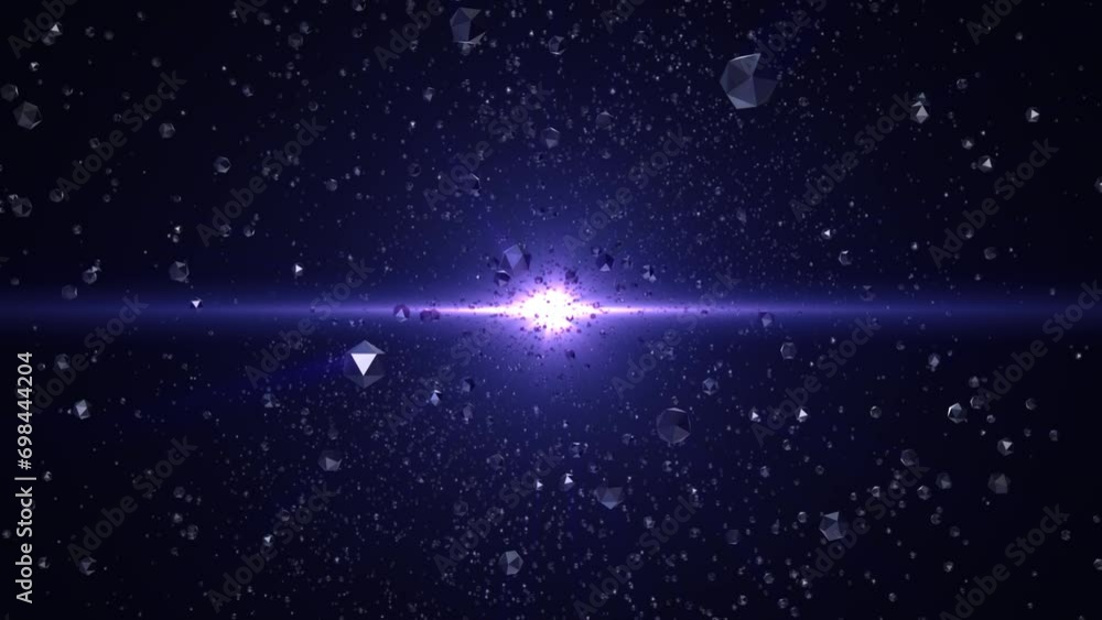 Flying through space with randomly rotating abstract 3D shapes , reflections on metal surfaces and a shining star on a dark purple background , motion graphics , video 4k , 60 fps Flying through space with randomly rotating abstract 3D shapes , reflections on metal surfaces and a shining star on a dark purple background , motion graphics , video 4k , 60 fps