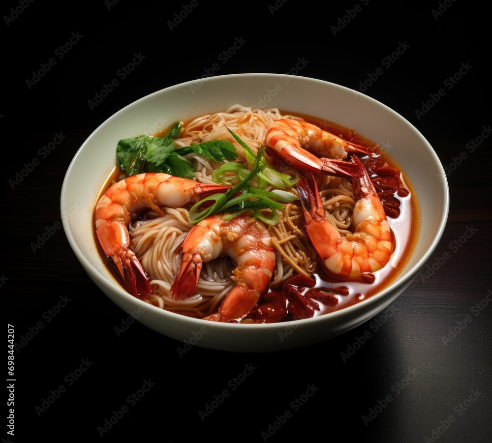 Thai noodle soup with shrimp in bowl Thai noodle soup with shrimp in bowl