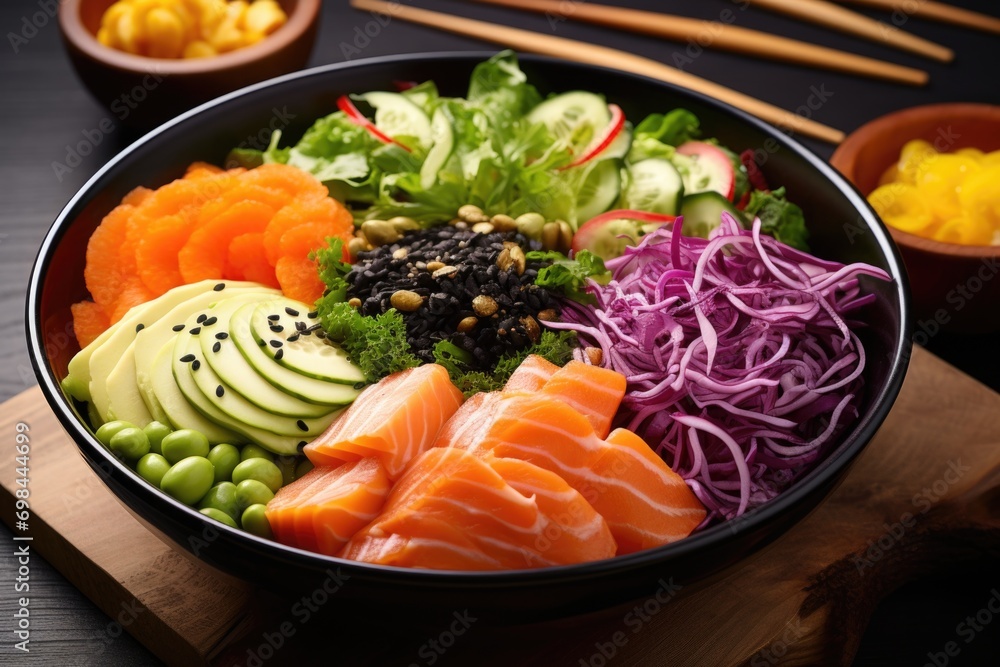 Healthy food salmon salad with vegetables in the bowl Healthy food salmon salad with vegetables in the bowl