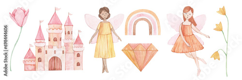 Set of watercolor illustrations fairy tale. Little girls with wings. Pink castle. Hand drawn.
