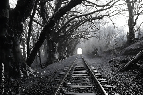 railway in the fog, black and wgite photo