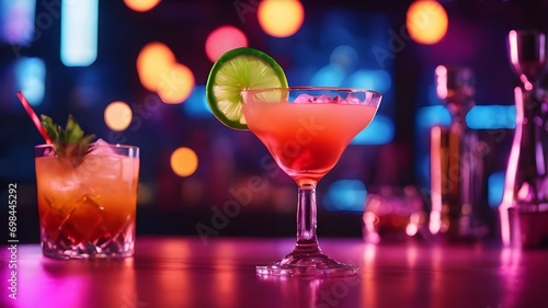 Closeup of Set with cocktails with ice cubes and lime slices on bar neon background. Beverage display banner design for restaurant or bar with space for text. New Year party drinks. Selective focus