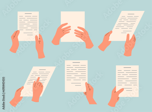 Set of hands with sheet of paper. Hands holding document. 