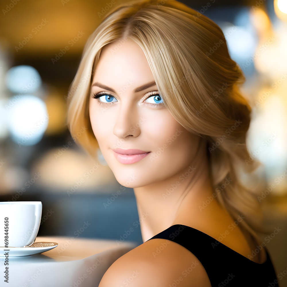 portrait of a blond woman at a coffee shop portrait of a blond woman at a coffee shop