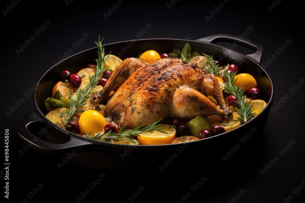 Grilled chicken with lemon slices on plate for thanksgiving ceremony Grilled chicken with lemon slices on plate for thanksgiving ceremony