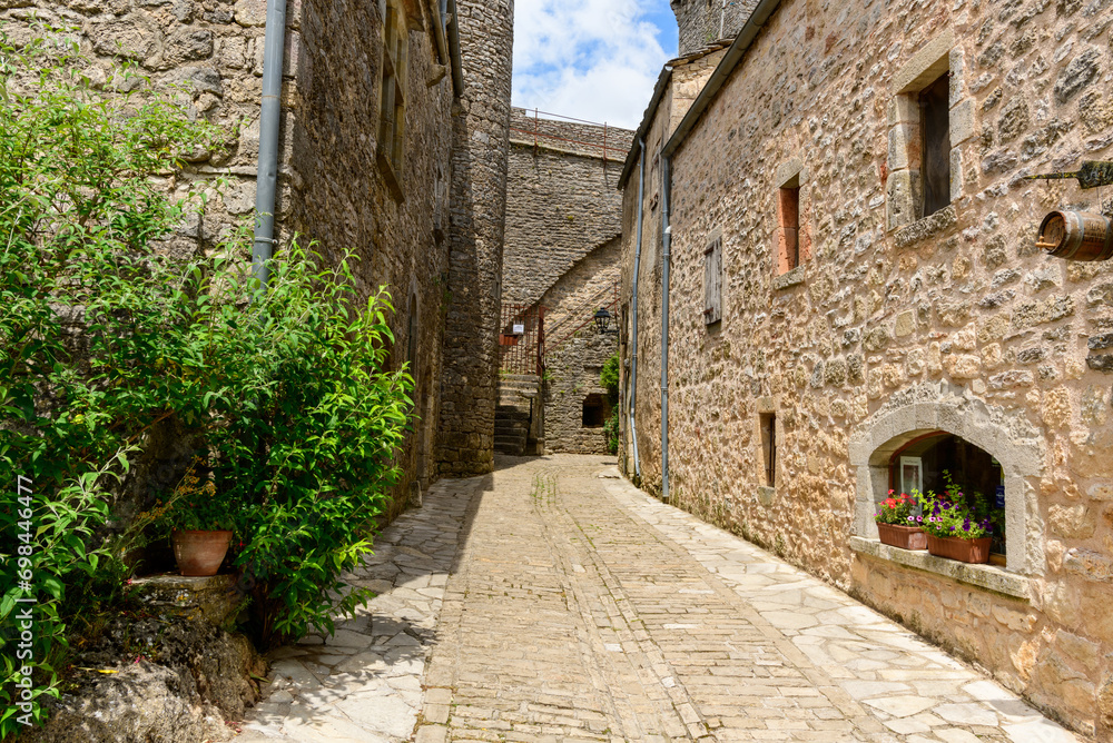 The streets of the medieval village in Europe, France, Occitanie, Aveyron, La Couvertoirade, in summer, on a sunny day.