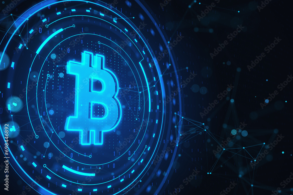 Glowing blue bitcoin backdrop. Cryptocurrency and finance concept. 3D Rendering. Glowing blue bitcoin backdrop. Cryptocurrency and finance concept. 3D Rendering.