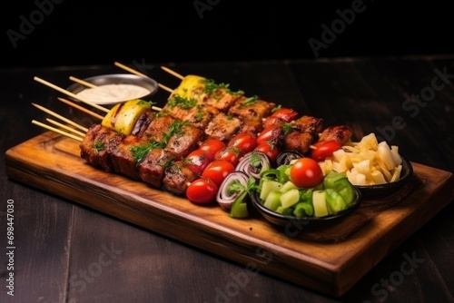 Grilled Turkish chicken shashlik served on a wooden tray