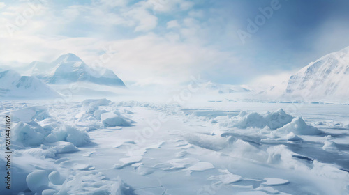 Arctic winter landscape with large glaciers frozen sea and blizzards  photo