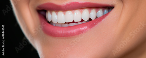 Dazzling white smile of a young woman close-up. Dental services in the clinic. Straight white teeth. A dentist. Treatment of caries. Oral hygiene. Close-up portrait. Ultra wide banner
