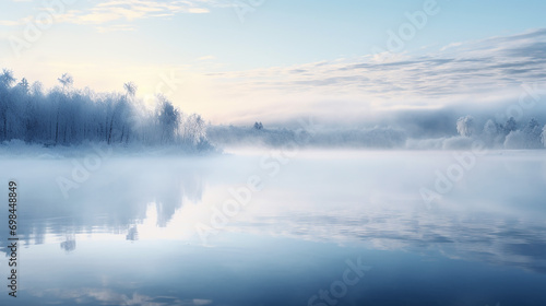 Frozen lake at a breathtaking winter panorama 