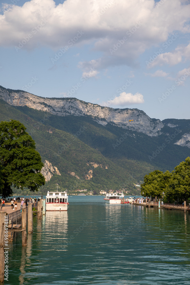 annecy , France - 11 20 2023 : Annecy lake city by quiet morning with mountain canal access water lake