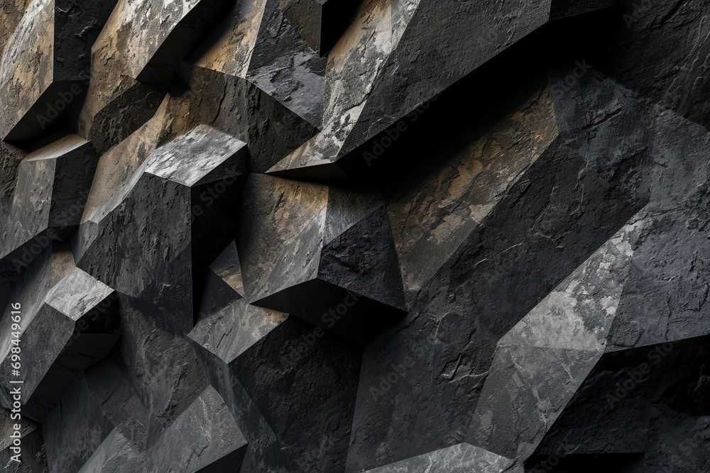 Fototapeta Detailed 3D black concrete wall texture, presenting a striking geometric abstract for a wide panoramic wallpaper generative ai