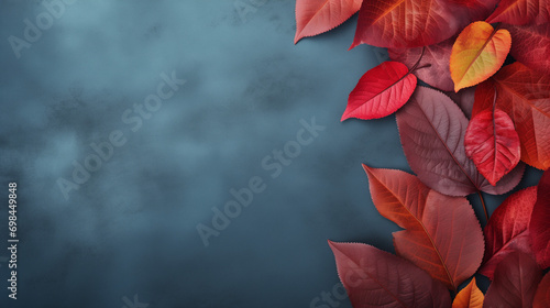 Autumn background with colored red leaves on blue Generative Ai