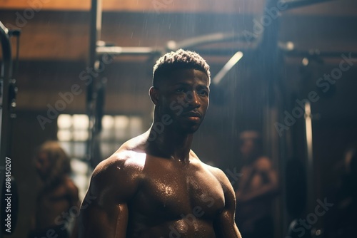 Strong Black Man with Six-Pack Abs in Gym Fitness Portrait