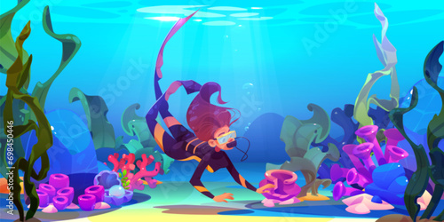 Young woman scuba diver in suit, mask and snorkel for underwater immersion swims in sea and explores corals, algae and sunken objects on sandy bottom. Cartoon vector marine landscape of diving concept photo