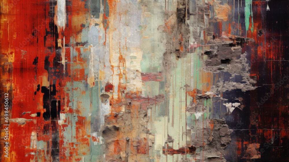 Painted texture in glitch style. Colored rough defects on the background. Real wall in digital art style