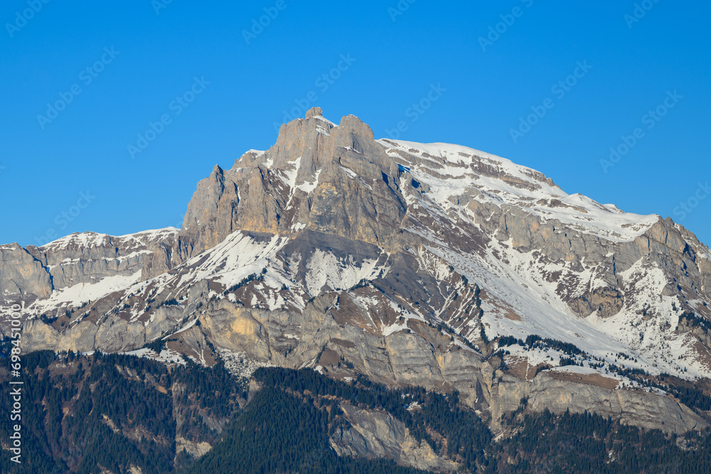 The Tete du Colonney, the Aiguille Rouge and Varan in Europe, in France, Rhone Alpes, Savoie, in the Alps, in winter, on a sunny day.