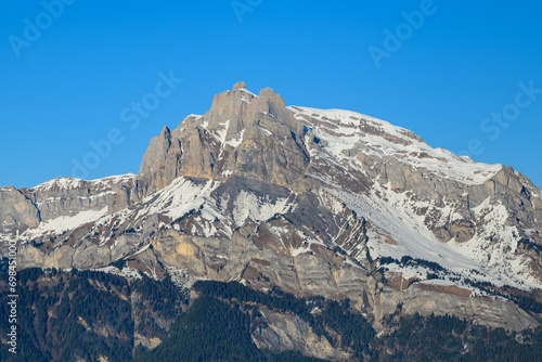 The Tete du Colonney, the Aiguille Rouge and Varan in Europe, in France, Rhone Alpes, Savoie, in the Alps, in winter, on a sunny day.