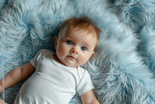 Cute little baby lying on a blue blanket. White baby bodysuit mockup. photo