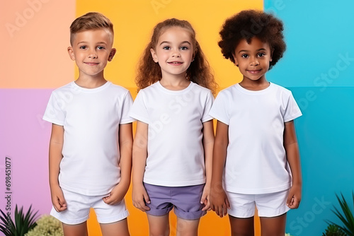 Happy kids in white t-shirts standing together on colorful background. Kids t-shirts mockup.