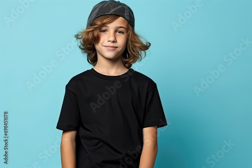 Cute boy in black t-shirt and cap. Kids t-shirt mockup.