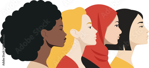Diverse ethnicity row of women profile portraits. Unique nationality, hairstyle, and skin color. African, American, Arab, Asian, European woman. Beauty of diversity. Strength of womanhood.