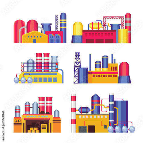 Set of Factory industry manufactory power electricity buildings collection, isolated on white background, Urban factory plant landscape vector illustration, Industrial factory, city building.