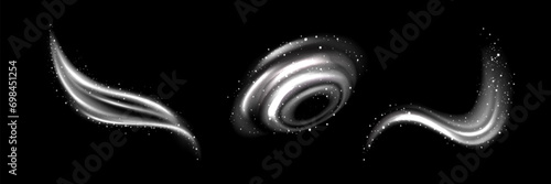 White swirls set isolated on black background. Vector realistic illustration of neon light waves and infinity sign, magic sparkling particles, clean laundry aroma trail, fresh frosty air in winter