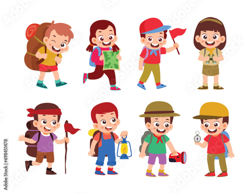 Set of adventure kids cartoon characters with various activities, kids holding lantern, compass, flag, map and flashlight, Cute hiking kids doing summer activities, Outdoor nature tourism travelling.