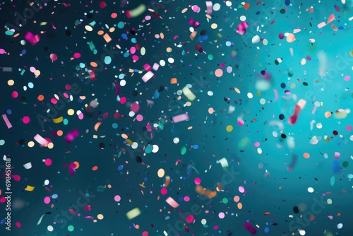 colorful confetti flying near blue background
