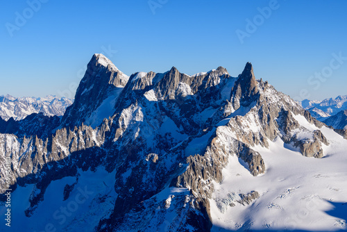 Grandes Jorasses, Dent and Glacier du Géant, Aiguilles Marbrées in Europe, France, Rhone Alpes, Savoie, Alps in winter on a sunny day.
