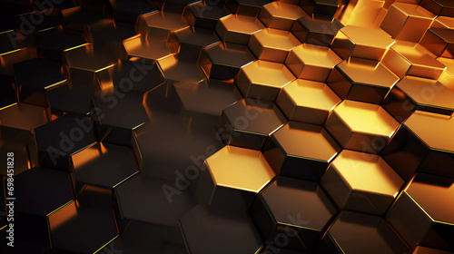 Abstract futuristic luxurious digital geometric technology hexagon background banner illustration 3d - Glowing gold, brown, gray and black hexagonal 3d shape texture wall 