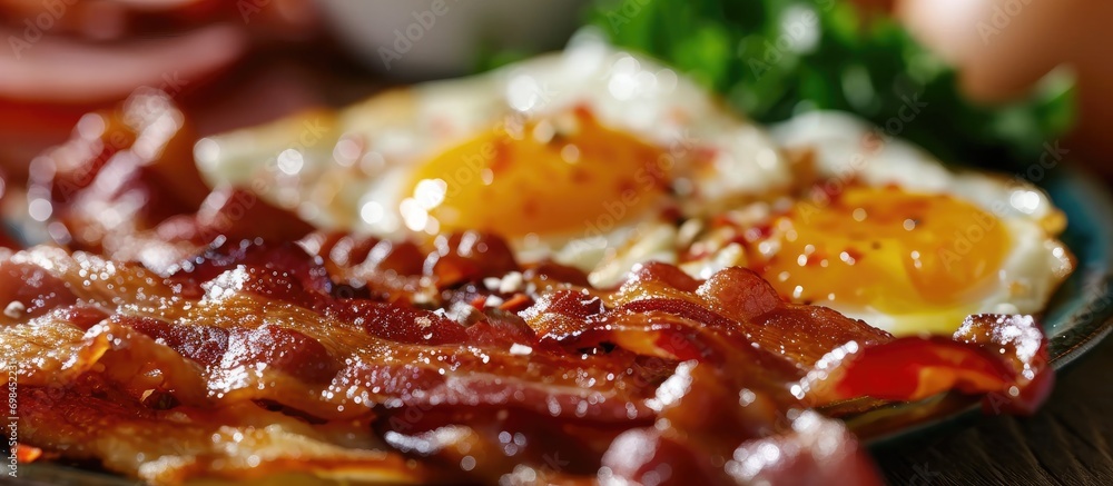 Close-up of delicious, crispy bacon slices, with eggs and ham, shallow depth of field. Close-up of delicious, crispy bacon slices, with eggs and ham, shallow depth of field.