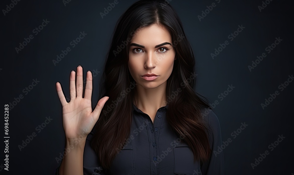 A Confident Woman in a Black Shirt Raising Her Hand A Confident Woman in a Black Shirt Raising Her Hand