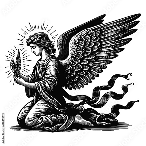 Winged angel holding leaf, vector illustration.