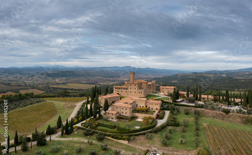 aerial view of the Poggio alle Mura Castle and Villa Banfi wine resort in Tuscany photo