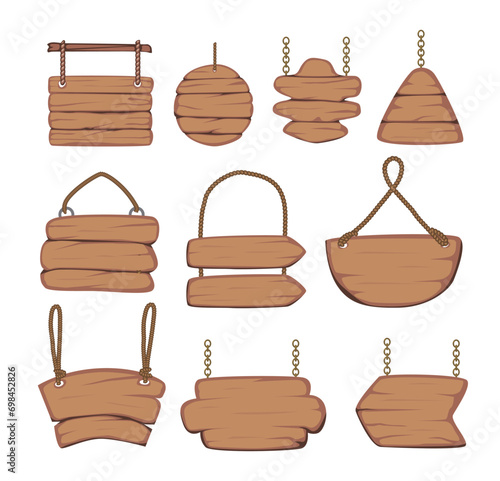Set of Old west empty signboards or wood plank. Blank wooden boards with nails for banners or messages hanging on chains or ropes. cartoon style, signpost or billboard, vector illustration