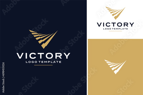 Initial Letter V Victory with Waving Fluttering Golden Ribbon Stripes Flag Pennant Pennon Banner Badge Emblem Logo photo