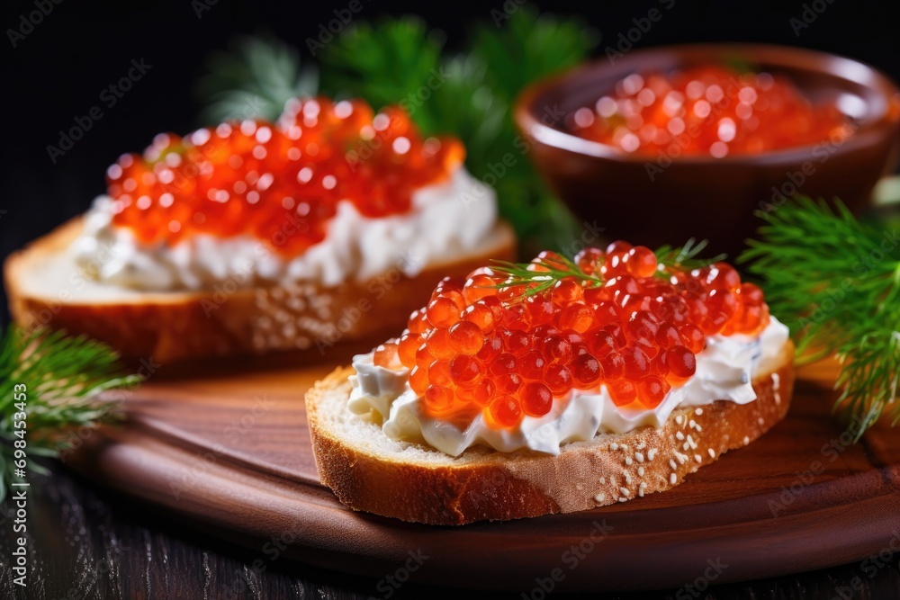 sandwiches with red caviar on a board on a wooden table sandwiches with red caviar on a board on a wooden table