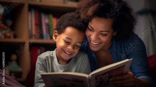 african american mother with child reading a book at home photo
