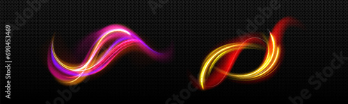 Neon color light effects set isolated on transparent background. Vector realistic illustration of yellow, red, purple, pink waves, abstract speed motion swirls, magic power trail, blurred fire flash