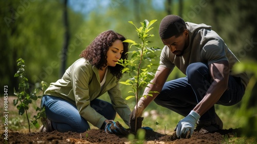 multiethnic couple planting a tree in the forest photo