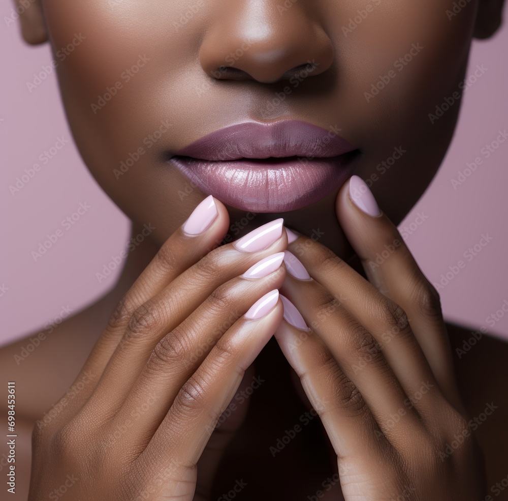 Young beauty african american woman with a perfect manicure, stylish pink nail polish on her lips, pensive poses. Young beauty african american woman with a perfect manicure, stylish pink nail polish on her lips, pensive poses.