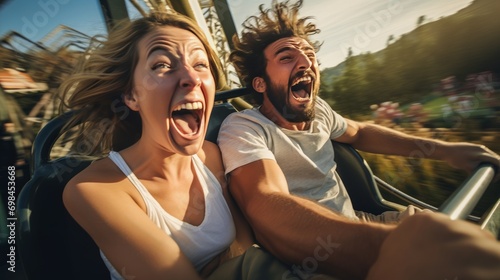 young couple in amusement park screaming photo